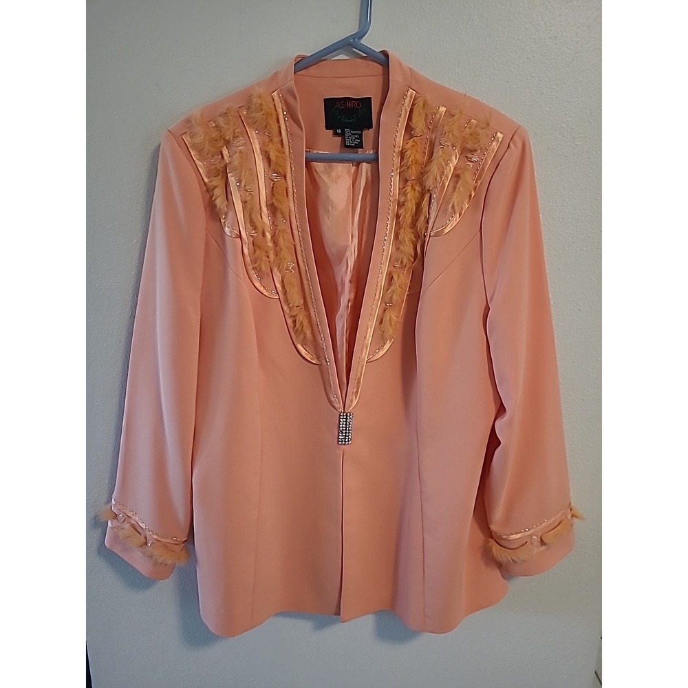 Ashro Orange Formal Party Church Jacket Blazer Sz18 Feathers Beads Rhinestone